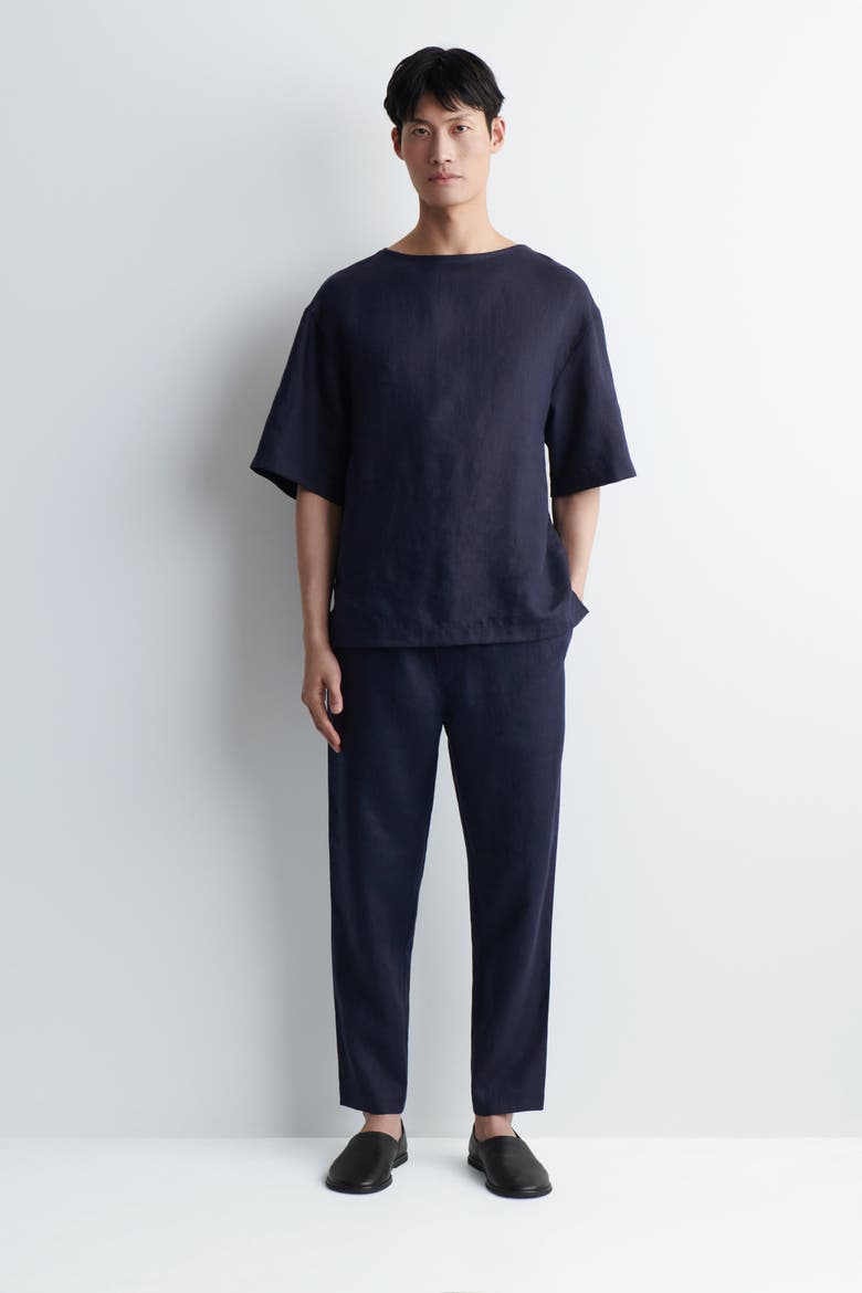 Elasticized Linen Regular-fit Tapered Pants, Main, color, NAVY