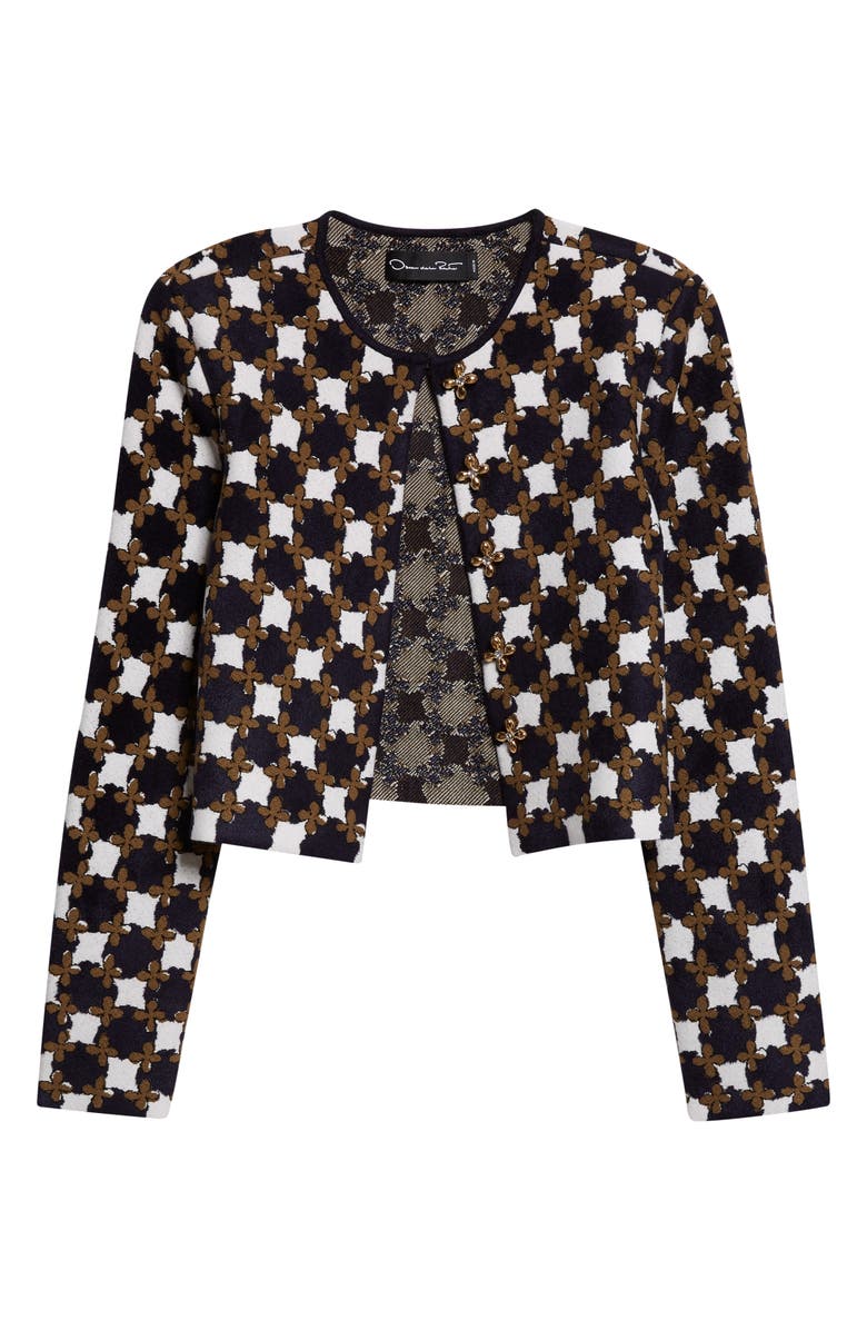 Oscar de la Renta Floral Geometric Jacquard Cardigan, Alternate, color, Cedar/ Navy/ Ivory