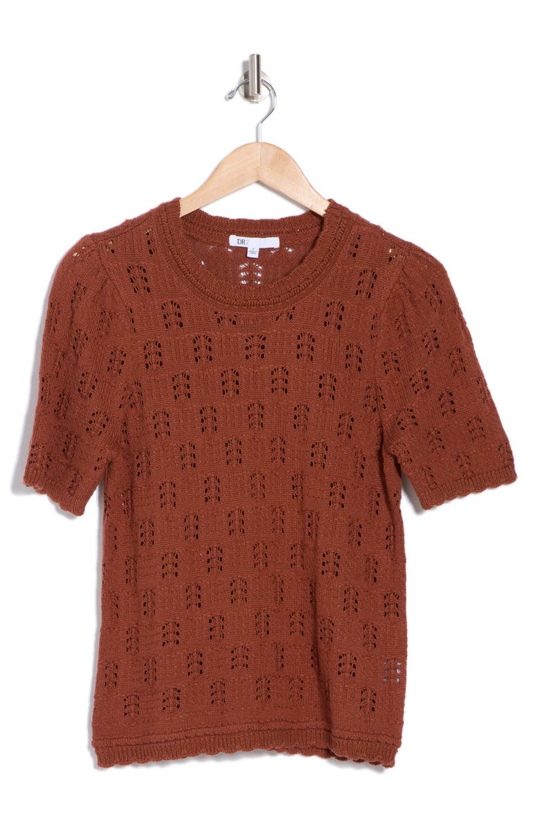 DR2 by Daniel Rainn Scalloped Short Sleeve Pointelle Knit Sweater, Alternate, color, Dark Clay