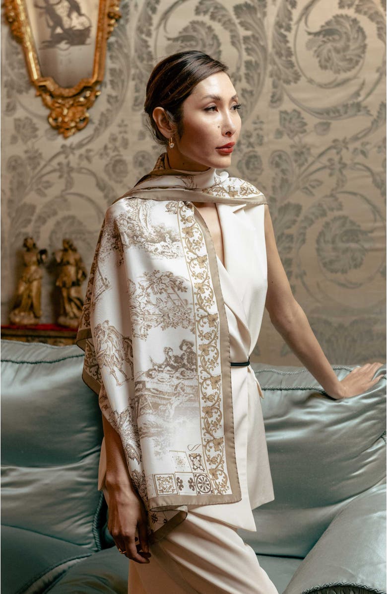 Elizabetta Toile - Long Silk Scarf for Women, Alternate, color, Tan