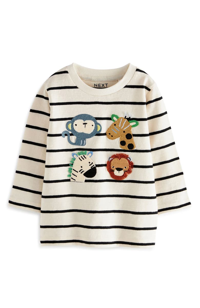 NEXT Kids' Animal Appliqué Stripe Long Sleeve Cotton Graphic T-Shirt, Main, color, 