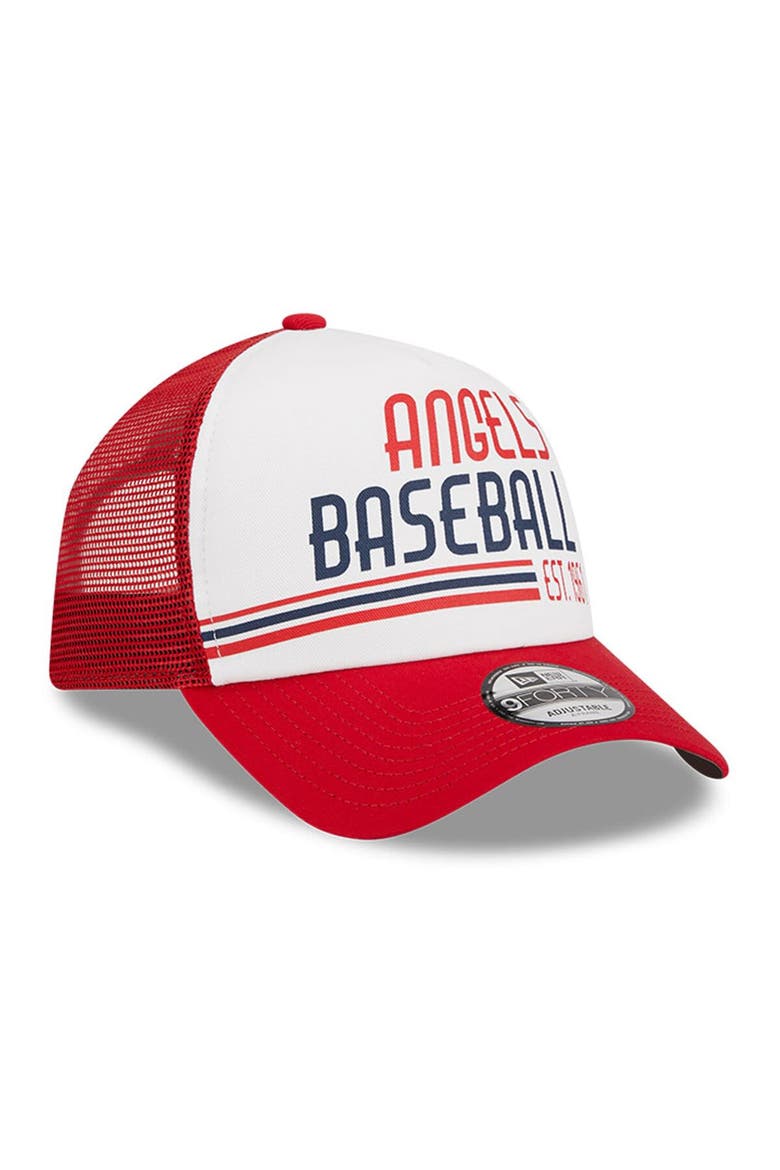Men's New Era White/Red Los Angeles Angels Stacked A-Frame Trucker 9FORTY Adjustable Hat, Alternate, color, White