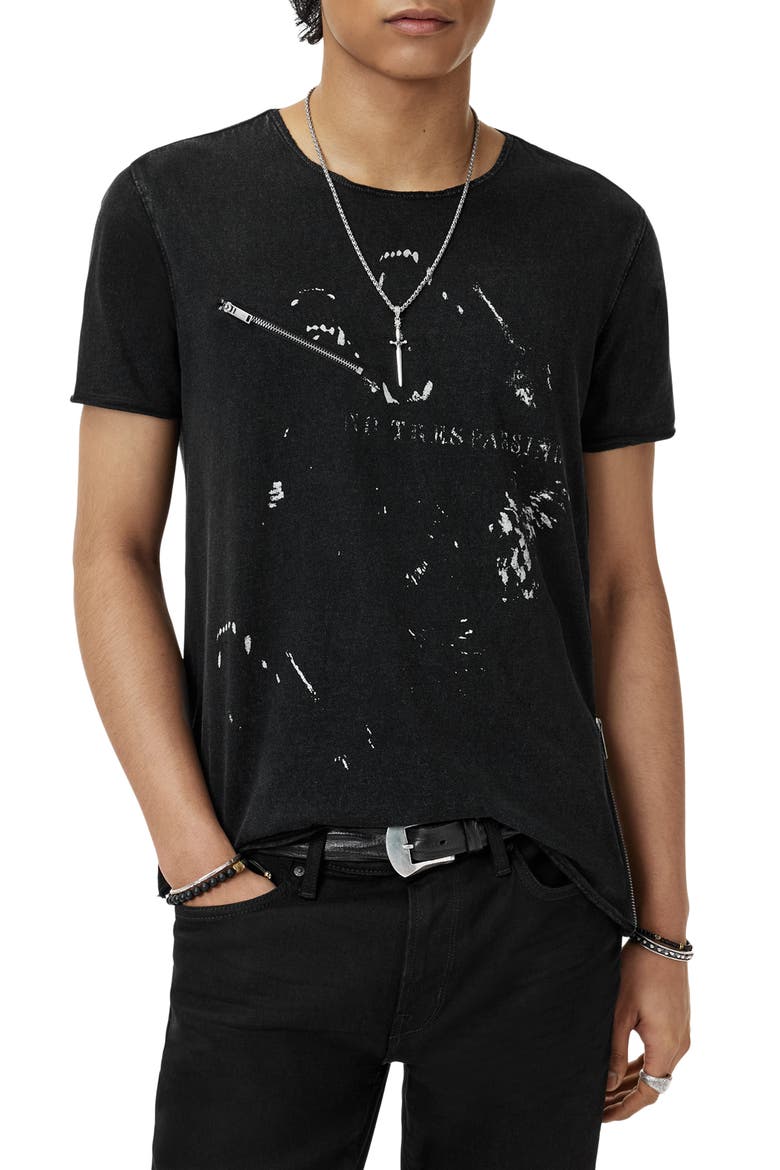 Raw Edge Zipper Graphic T-Shirt, Main, color, BLACK