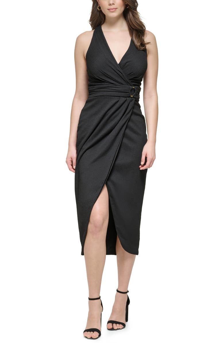 GUESS Surplice Neck Sleeveless Novelty Midi Dress, Main, color, 