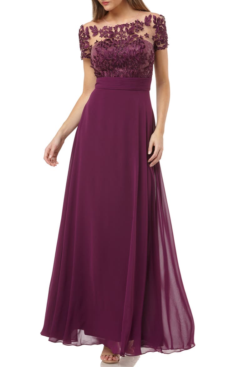 Embroidered A-Line Gown, Main, color, PLUM