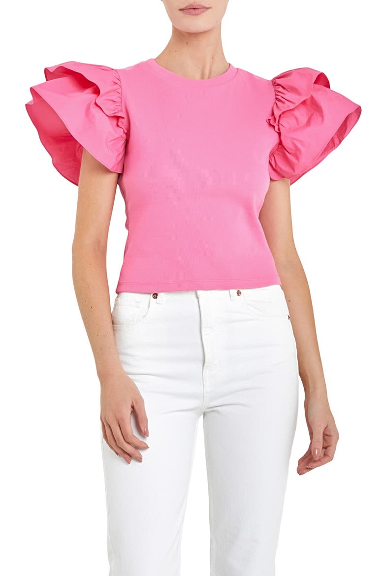 Mix Media Ruffle Sleeve Cotton Rib Top, Main, color, PINK