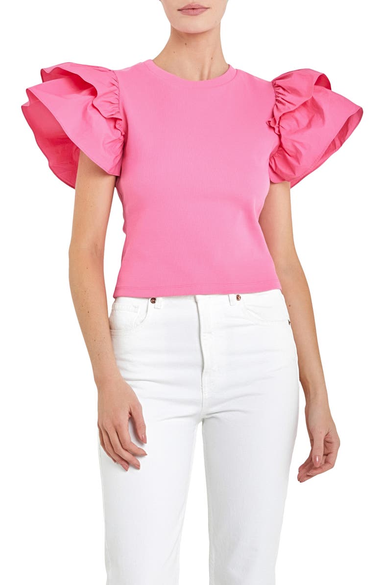 English Factory Mix Media Ruffle Sleeve Cotton Rib Top, Main, color, Pink