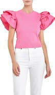 English Factory Mix Media Ruffle Sleeve Cotton Rib Top