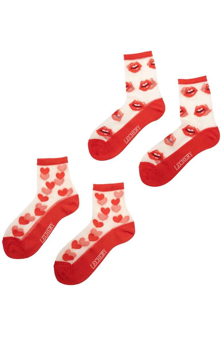 LECHERY<sup>®</sup> 2-Pack Hearts & Lips Sheer Crew Socks, Main, color, 