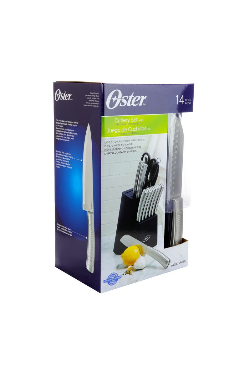 OSTER Wellisford 14 Piece Stainless Steel Cutlery Set with Black Rubber Wood Block, Alternate, color, Black