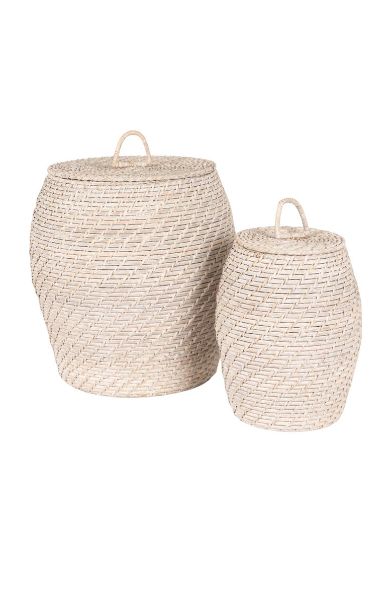 Decorative Hand-Woven Rattan Storage Baskets with Lids, Whitewashed, Set of 2, Main, color, White
