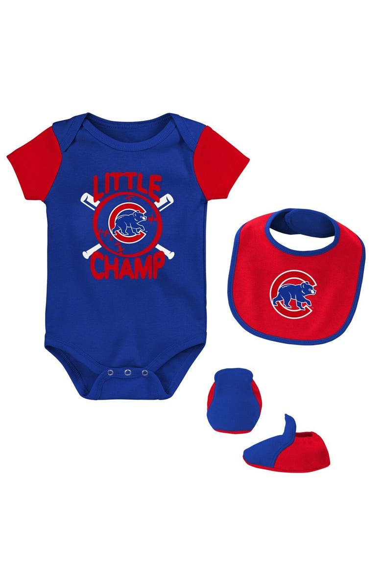 Outerstuff Newborn & Infant Royal Chicago Cubs Little Champ Three-Pack Bodysuit Bib & Booties Set, Main, color, Royal