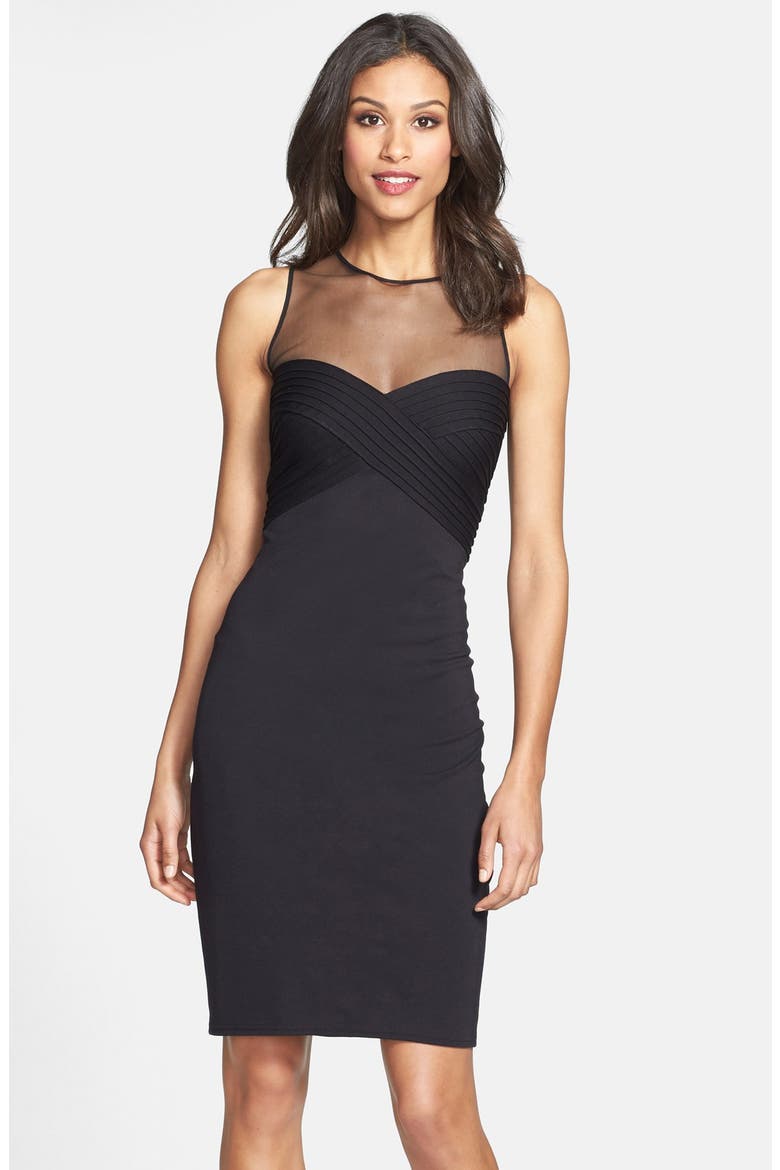 Illusion Yoke Jersey Sheath Dress, Main, color, BLACK