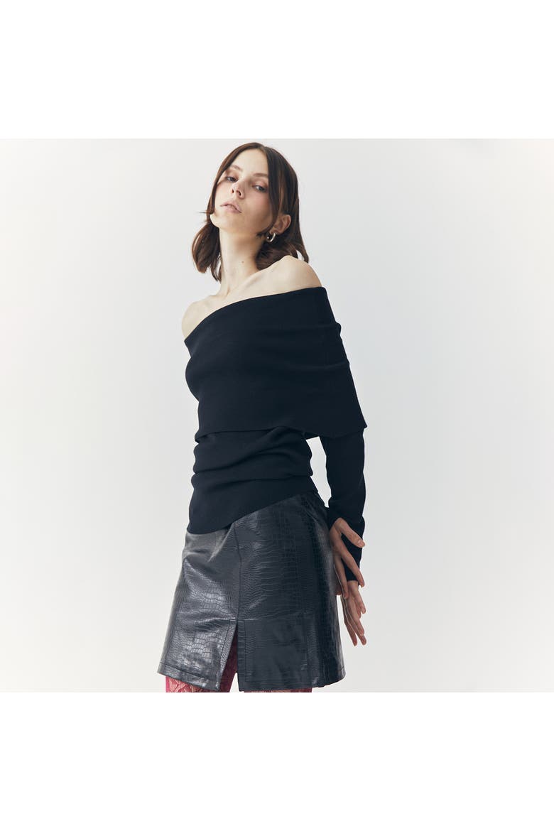 Tess Croc Embossed Leather Mini Slit Skirt, Main, color, Black