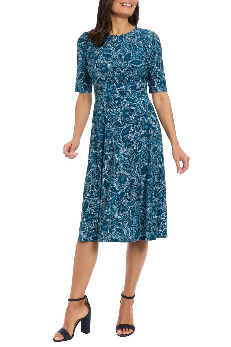 Floral Short Sleeve Inset Waist Midi Dress, Main, color, NAVY/ BLUE