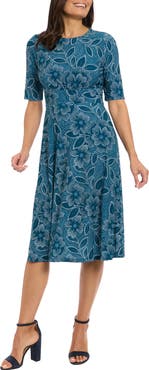 London Times Floral Short Sleeve Inset Waist Midi Dress