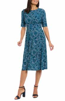 London Times Floral Short Sleeve Inset Waist Midi Dress