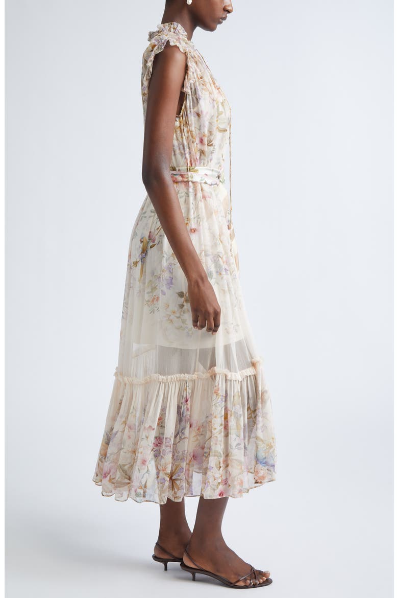 Rebellion Flutter Floral Chiffon Midi Dress, Alternate, color, CREAM AVIARY