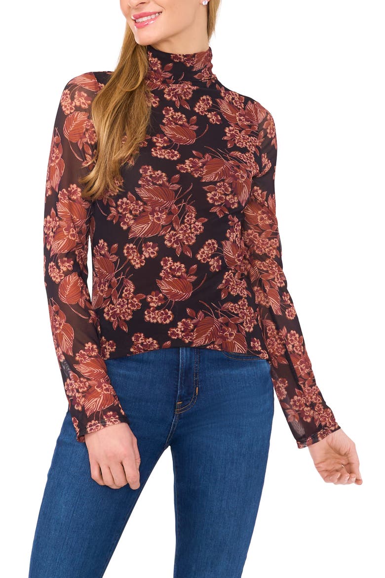 Floral Mesh Turtleneck, Main, color, LEATHER BROWN