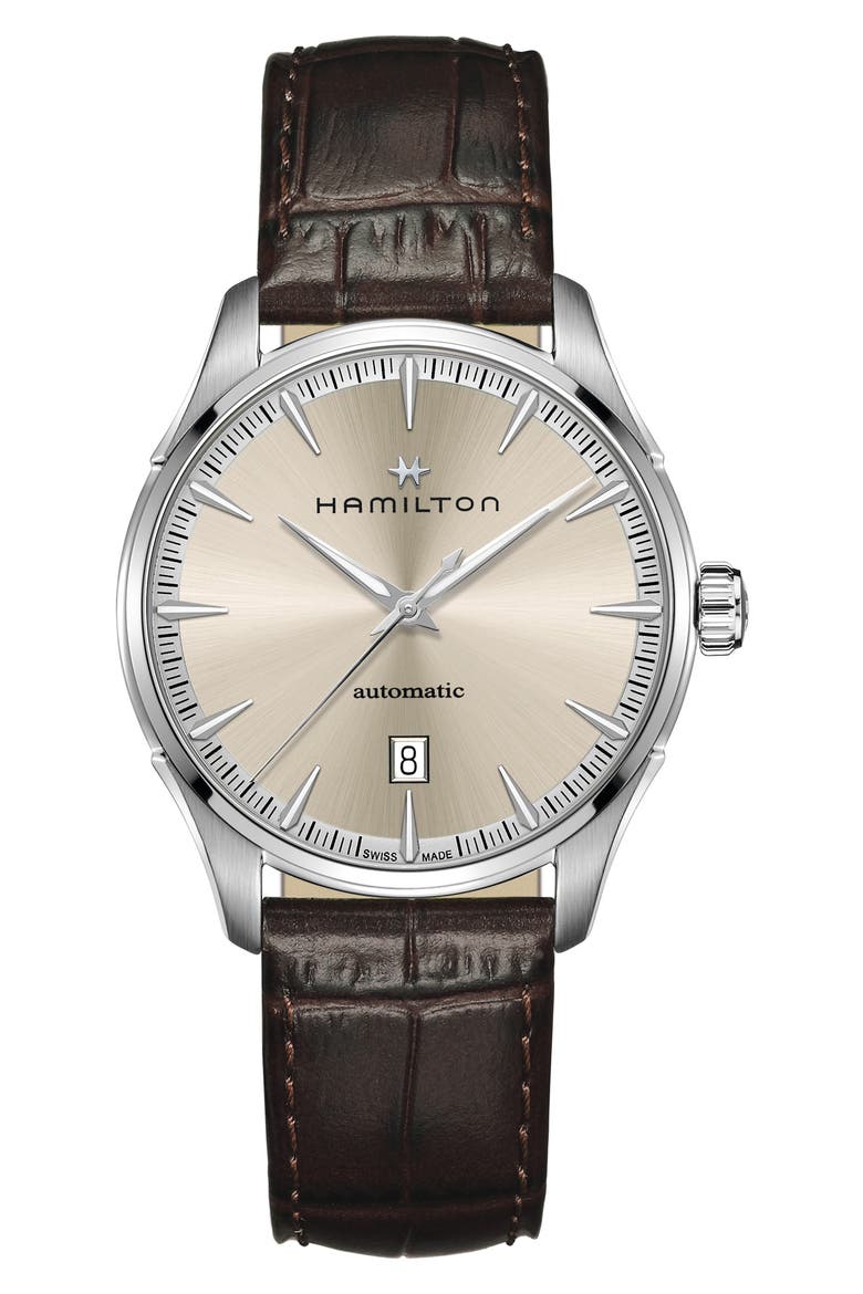 Jazzmaster Automatic Leather Strap Watch, 40mm, Main, color, BROWN