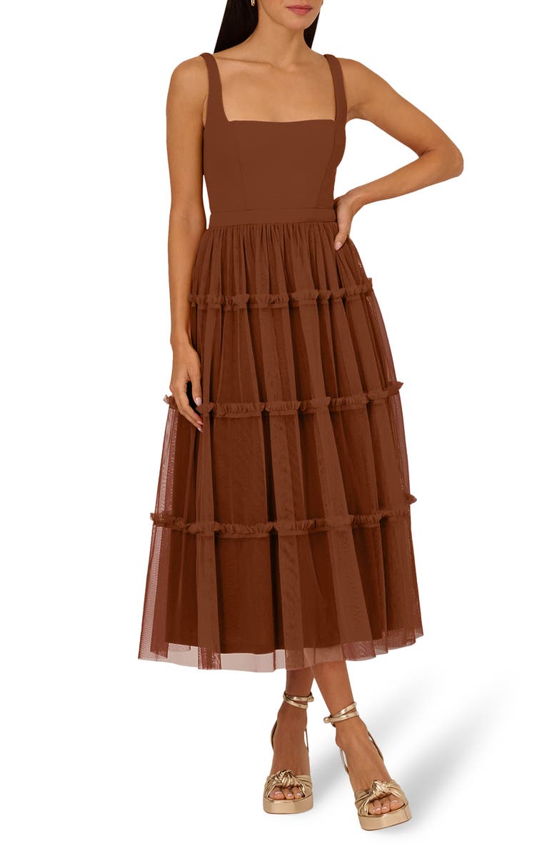 Adrianna Papell Mesh Overlay Tiered Midi Cocktail Dress, Main, color, Timber