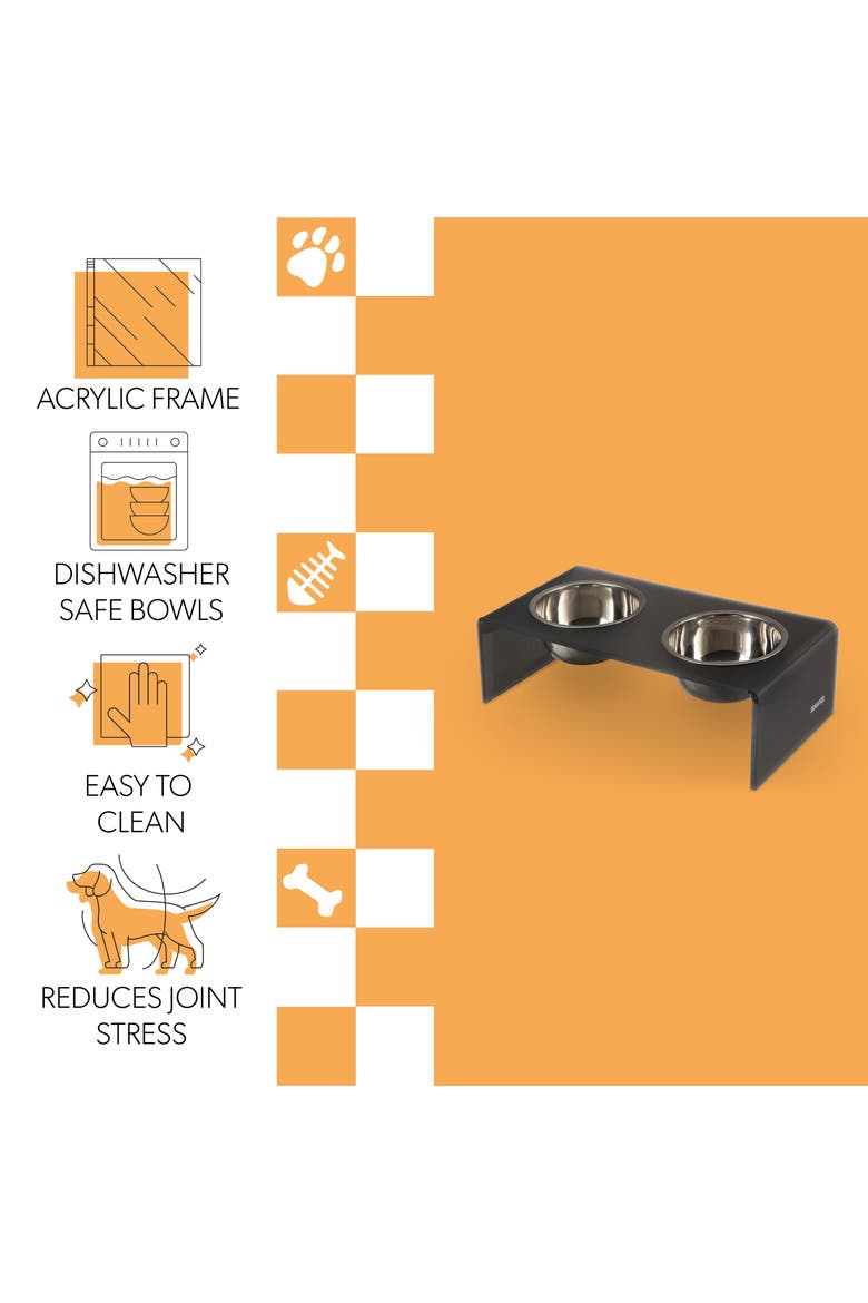 Keaton Modern Lucite Rectangular Elevated Pet Feeder with 2-Stainless Steel Bowls, Alternate, color, Dark Gray/Chrome