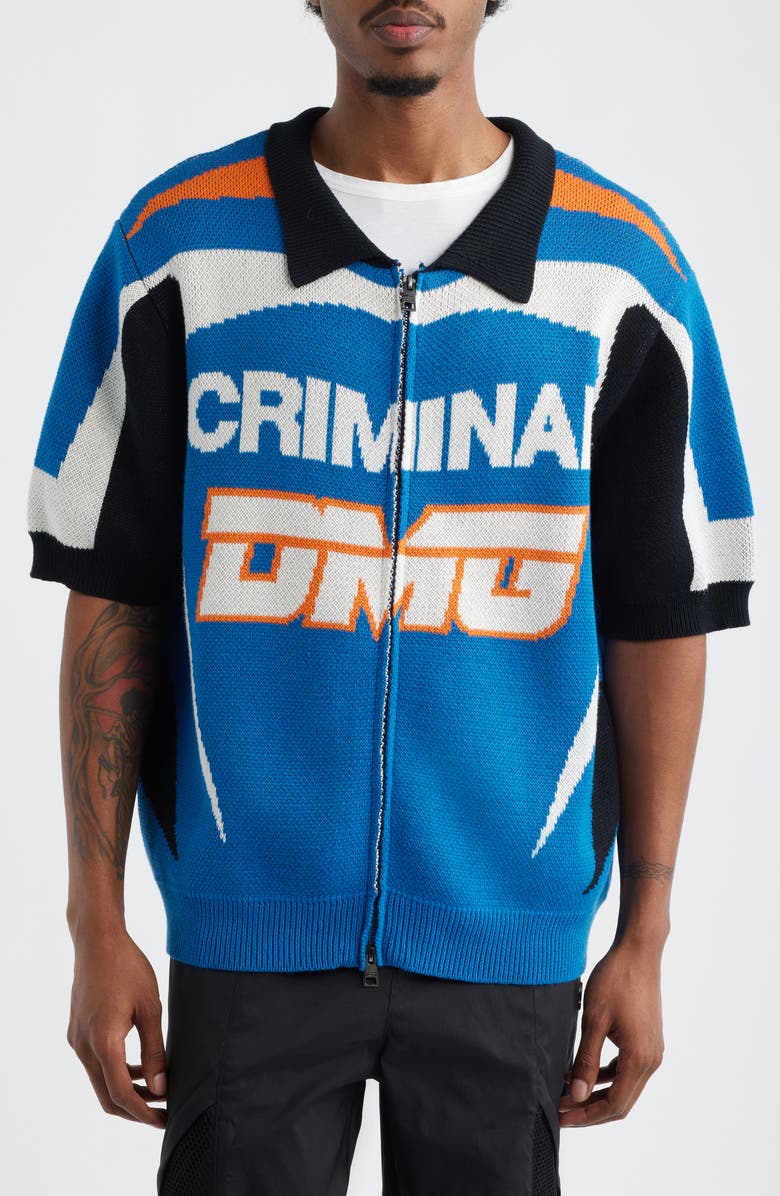 CRIMINAL DAMAGE Racer Knit Zip-Up Cardigan, Alternate, color, Blue/ Orange/ Black/ Ecru