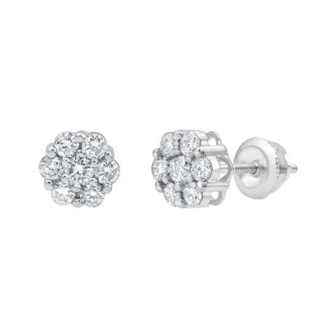 Blossom 14K White Gold Flower Cluster Diamond Unisex Earrings - 0.49 Ct