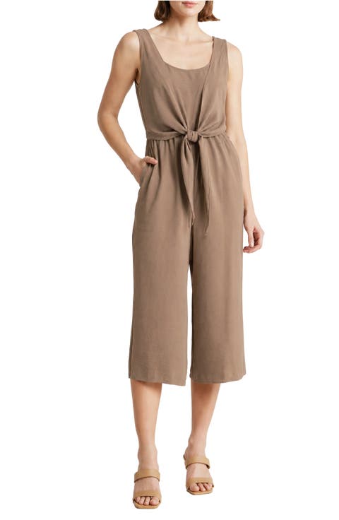 CONNECTED APPAREL Sleeveless Tie Front Capri Crop Jumpsuit