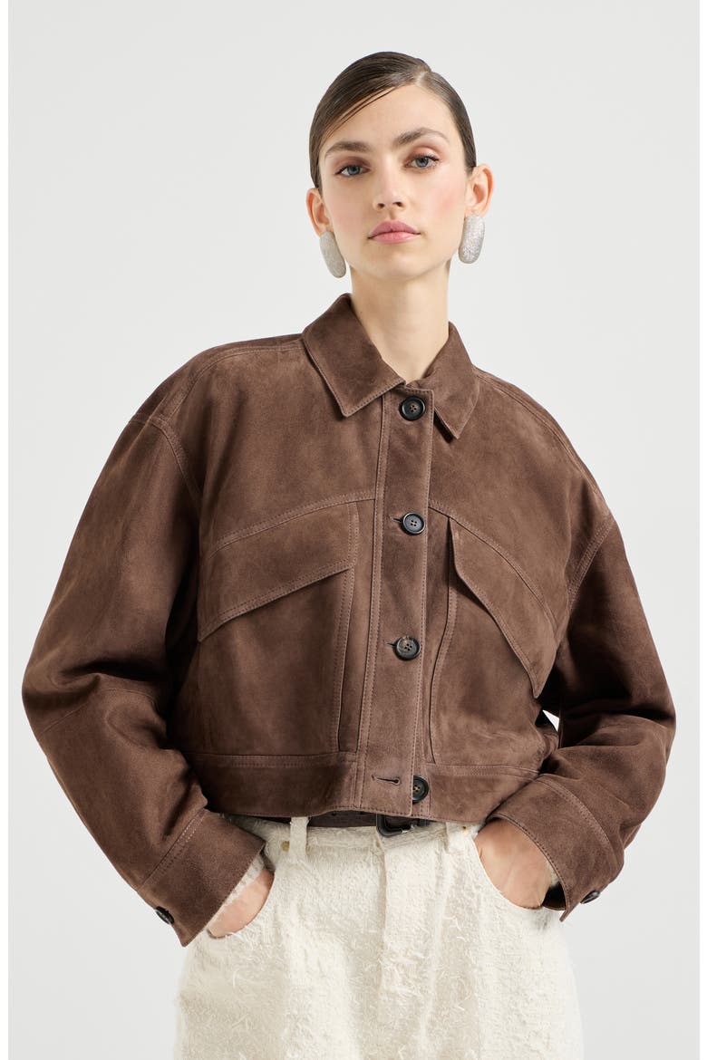 Couture suede cropped outerwear jacket, Main, color, Brown