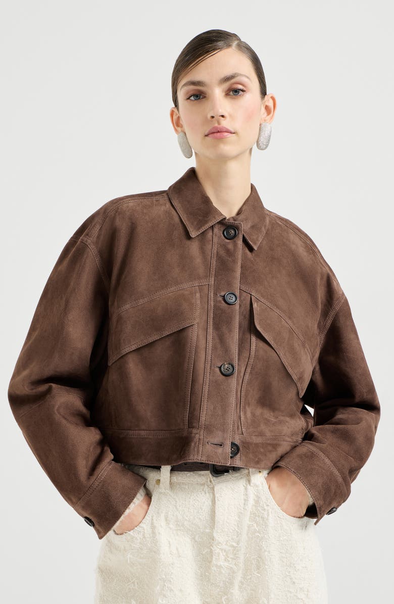 Brunello Cucinelli Couture suede cropped outerwear jacket, Main, color, Brown