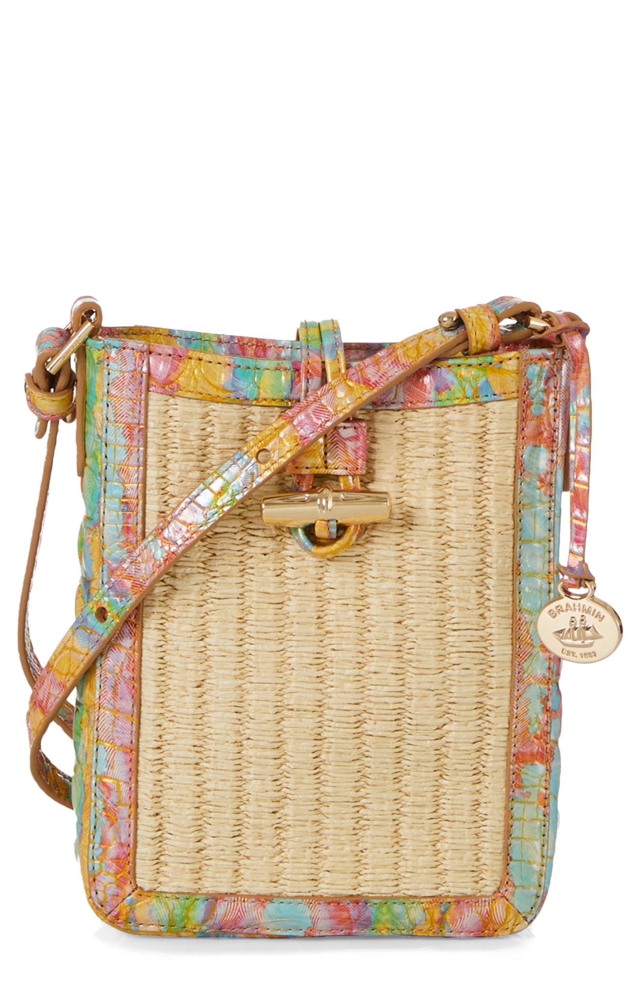 Brahmin Marley Croc Embossed Leather & Straw Crossbody Bag, Main, color, 