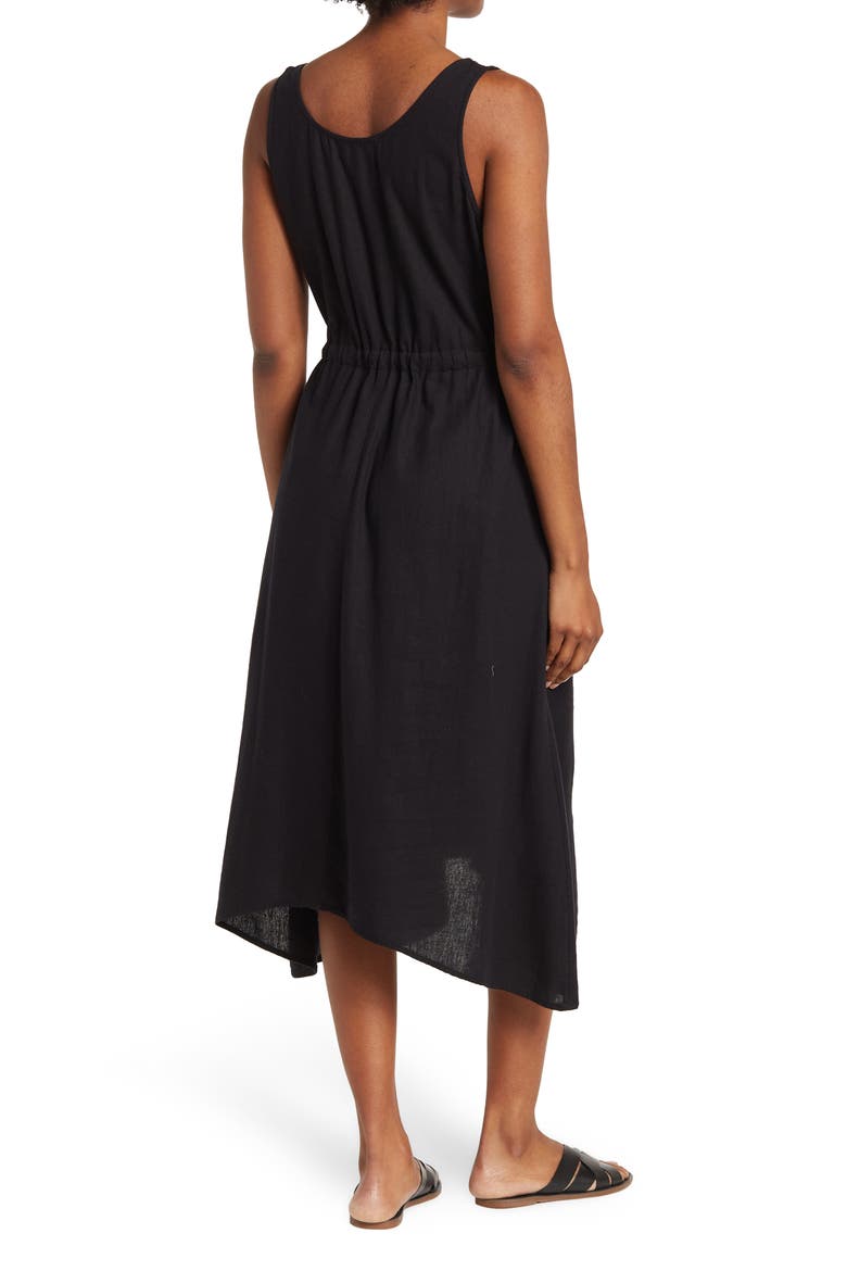 Drawstring Waist Linen Blend Midi Dress, Alternate, color, BLACK