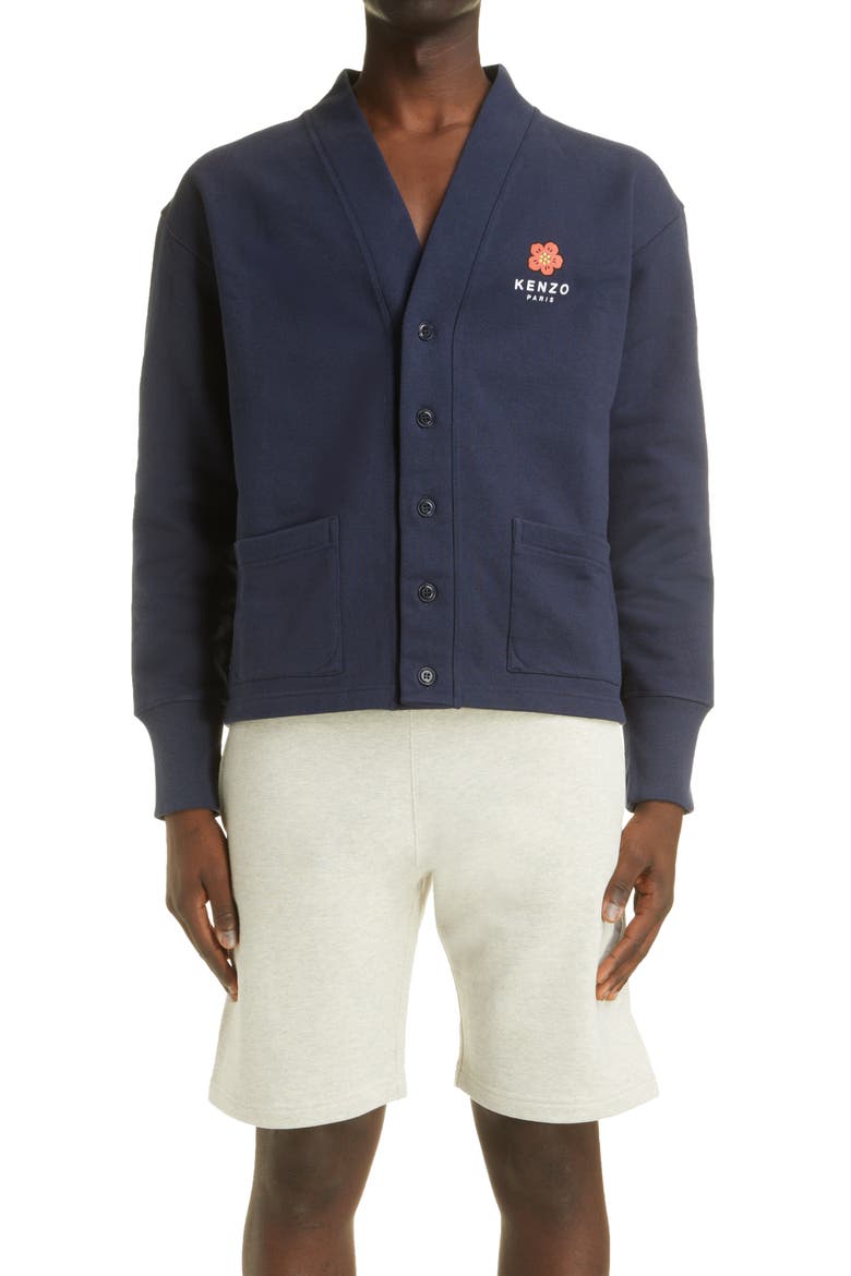 Boke Flower Graphic Fleece Cardigan, Main, color, MIDNIGHT BLUE