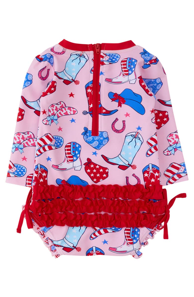 RuffleButts Baby Girls UPF50+ Sun Protected Americana Long Sleeve One Piece Rash Guard, Alternate, color, Pink Stars & Spurs