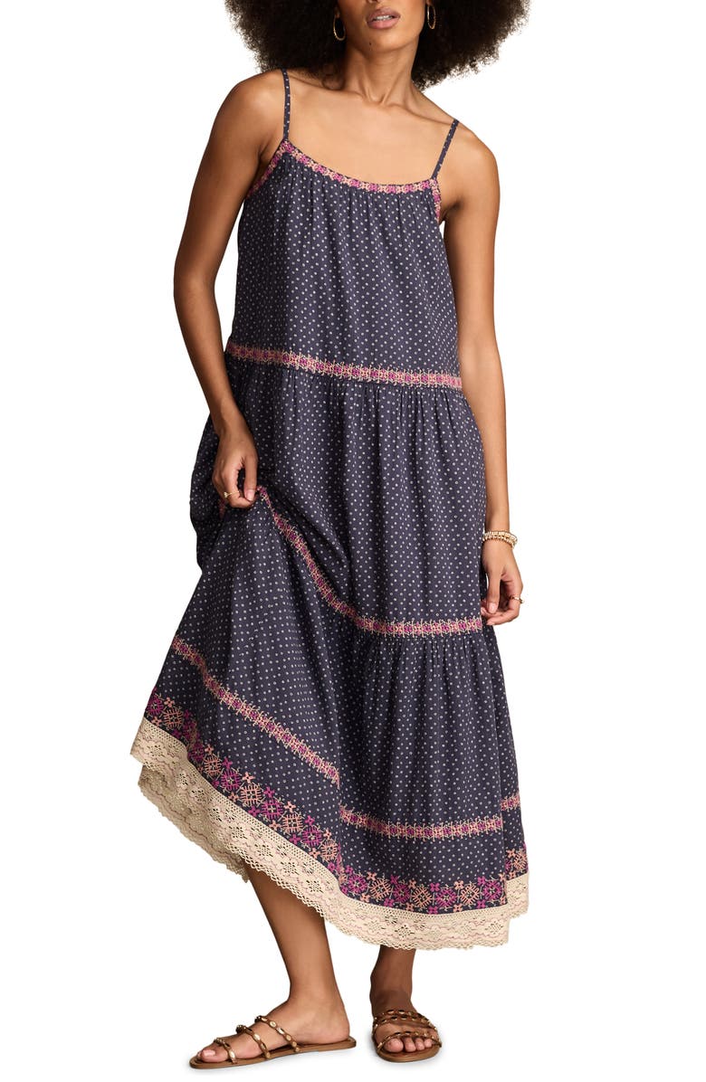 Lucky Brand Embroidered Printed Tiered Cotton Maxi Sundress, Main, color, Indigo