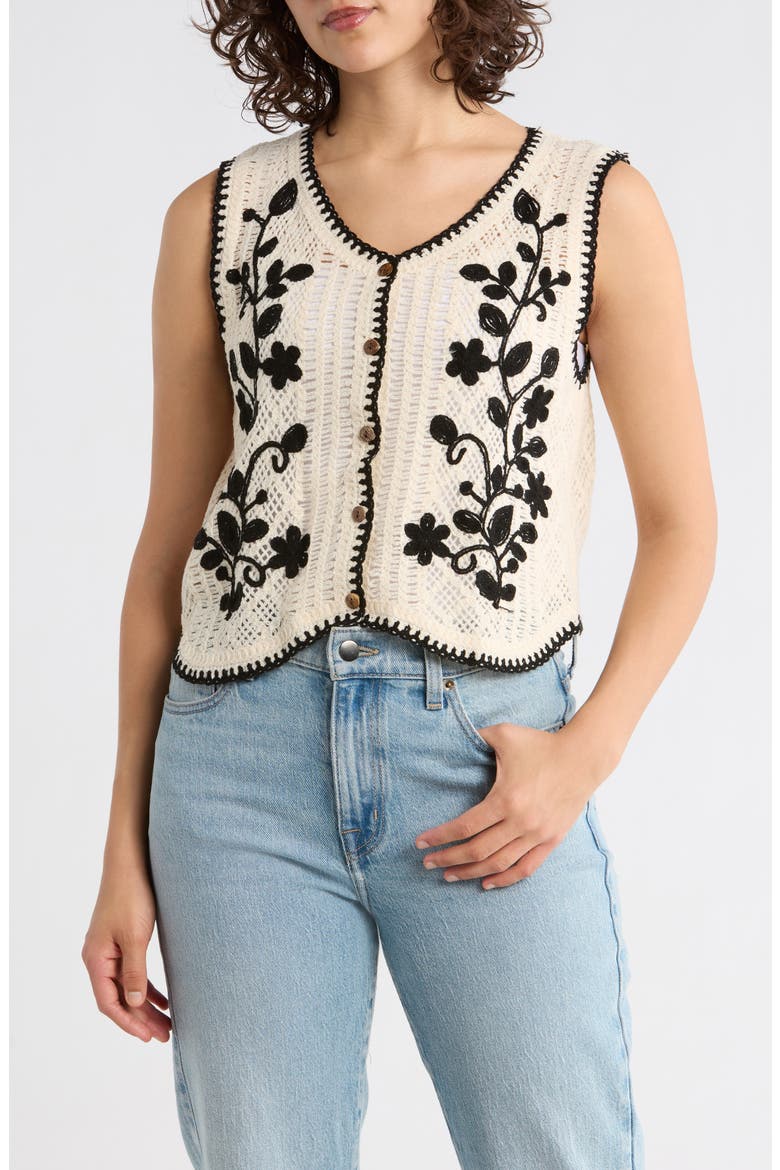 Floral Embroidered Open Knit Button Tank, Main, color, NATURAL/ BLACK