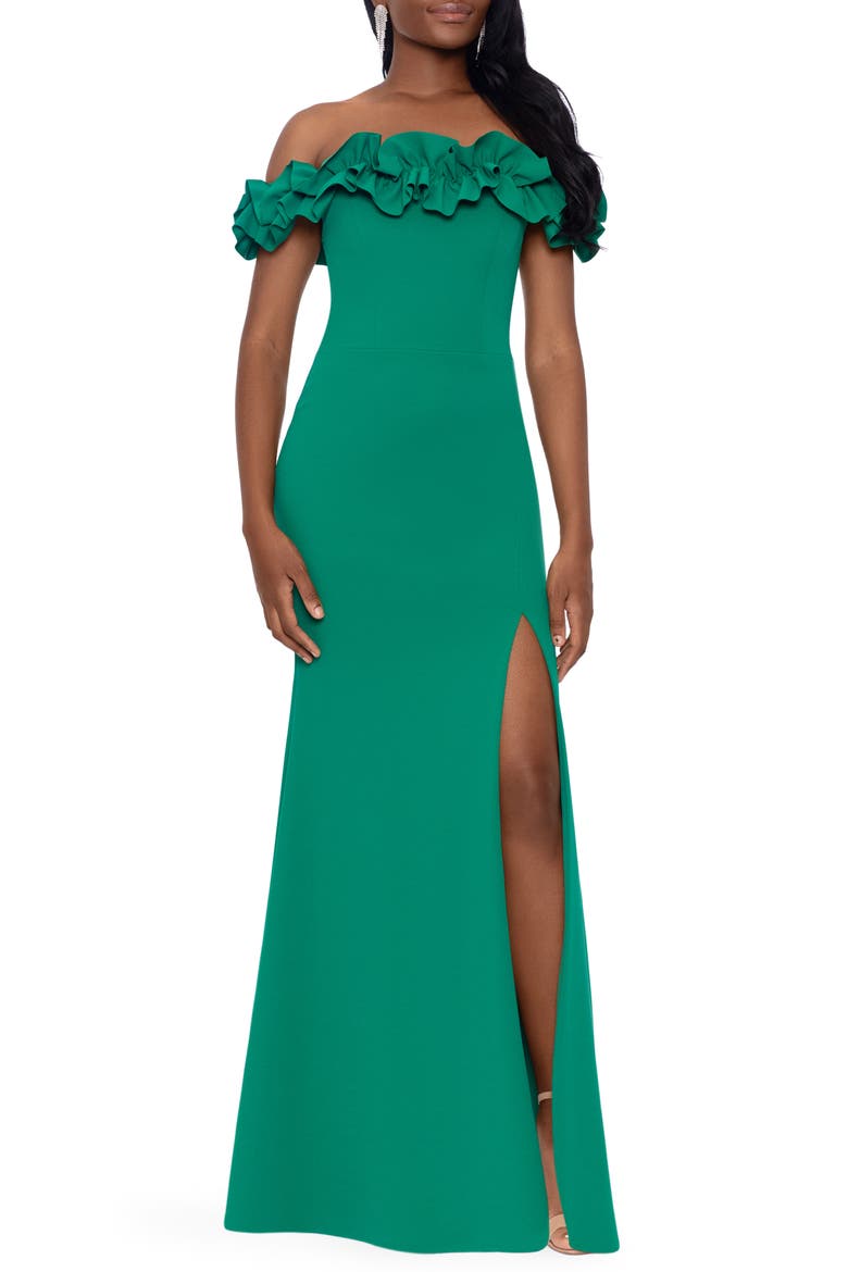Off the Shoulder Ruffle Crepe Trumpet Gown, Main, color, GREEN