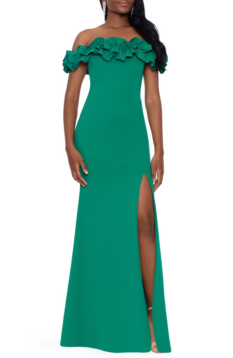 Xscape Evenings Off the Shoulder Ruffle Crepe Trumpet Gown, Main, color, 