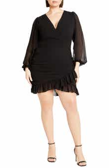 City Chic Kitty Long Sleeve Ruffle Trim Minidress