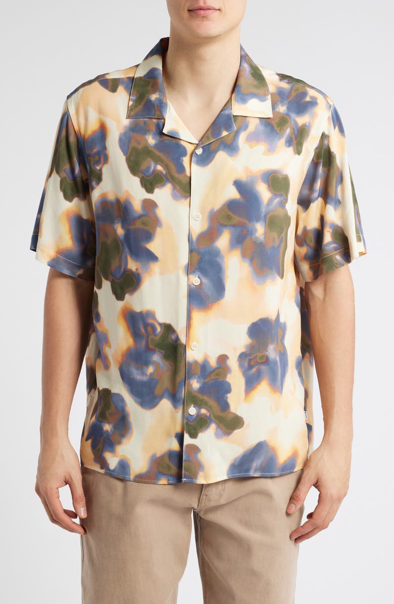 Wax London Didicot Blurred Floral Camp Shirt, Main, color, Peach / Blue