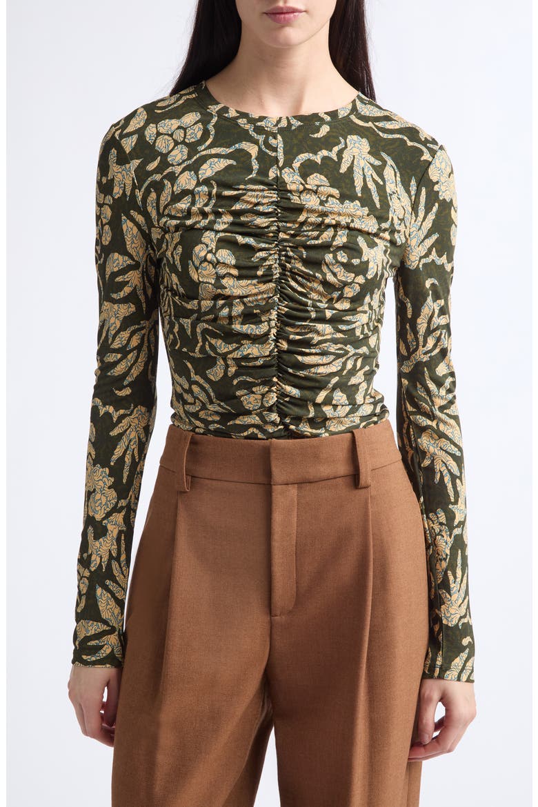 Asha Floral Center Ruched Knit Top, Main, color, KHAKI FLORAL