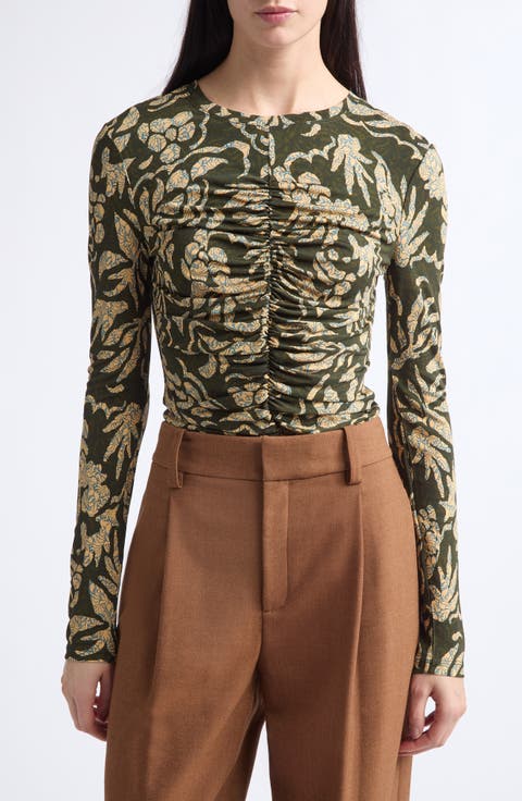Asha Floral Center Ruched Knit Top
