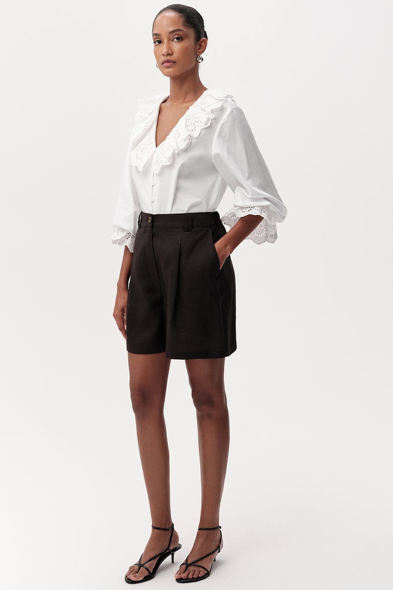 Donovan High Waist Pleated Linen Shorts, Alternate, color, Black