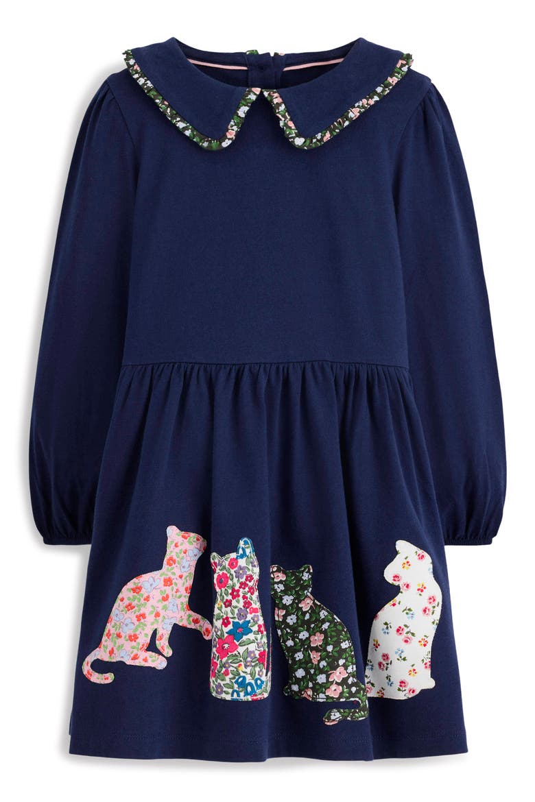 Kids' Appliqué Cotton Jersey Dress, Main, color, COLLEGE NAVY CATS
