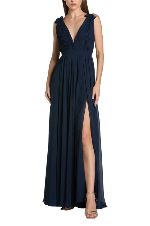 Mac Duggal Sleeveless Pleated Chiffon V-neck Gown In Blue