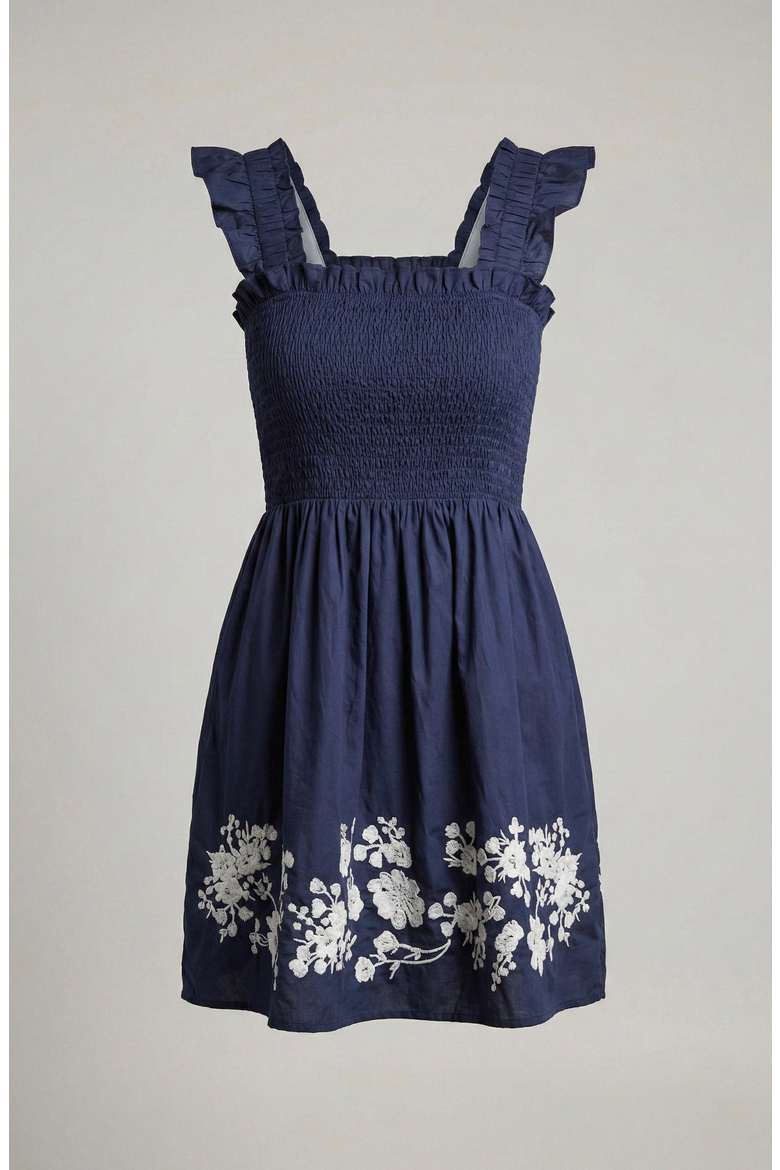 Smocked Ruffle Strap Mini Dress with Floral Embroidery Hem, Alternate, color, Blue