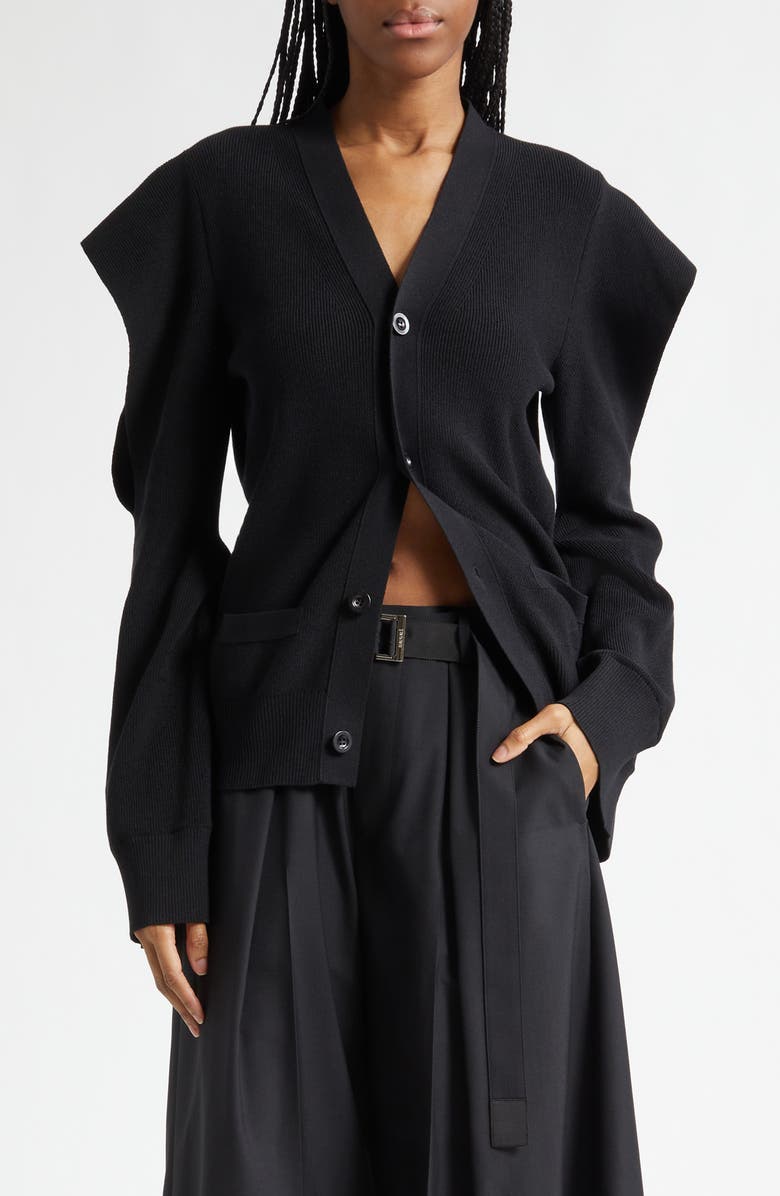 Sacai Rib V-Neck Cardigan, Main, color, Black