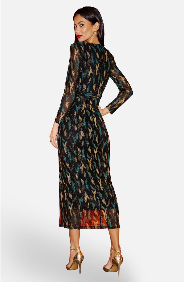 Yumi Metallic Sparkle Mesh Wrap Midi Dress, Alternate, color, Black