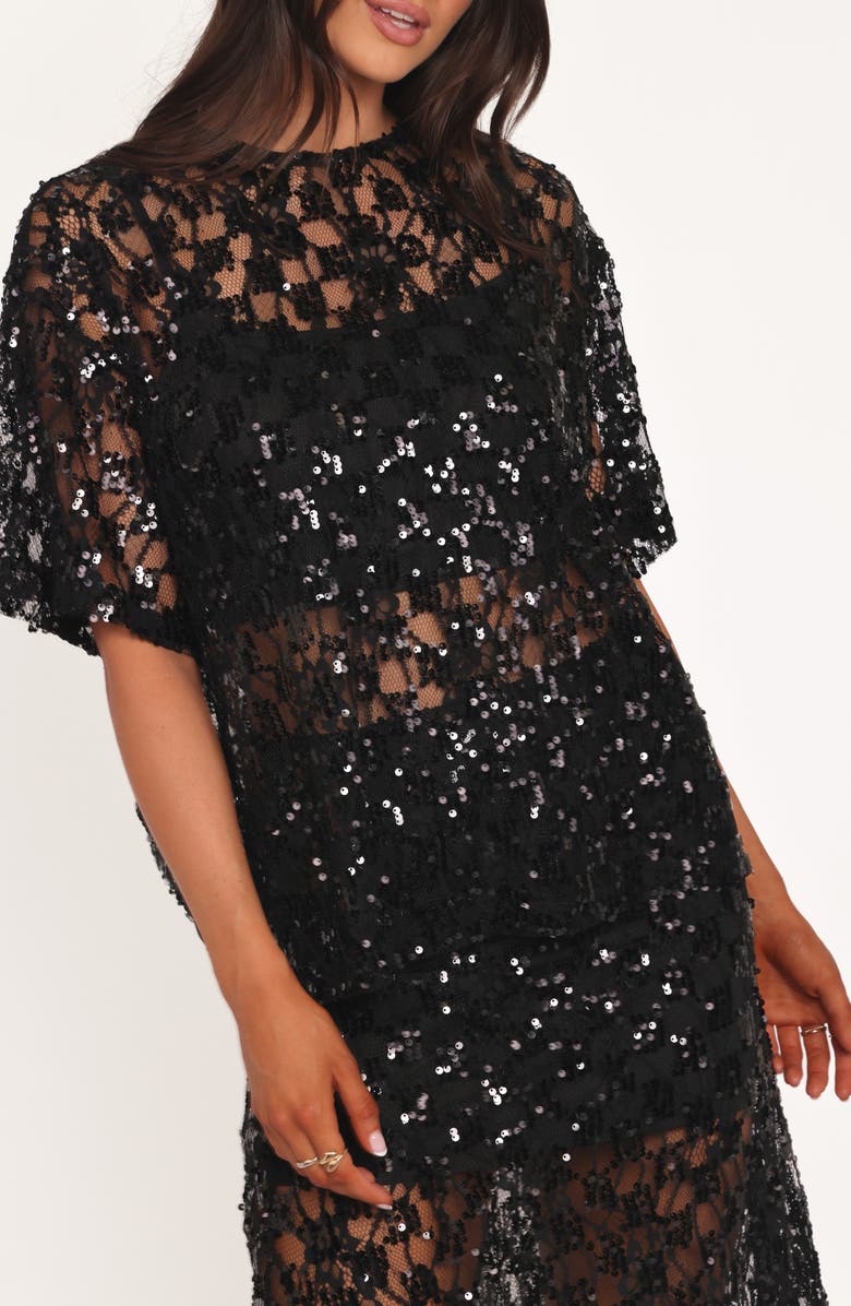 Petal & Pup Yonder Oversize Check Sequin Floral Lace Top, Alternate, color, Black